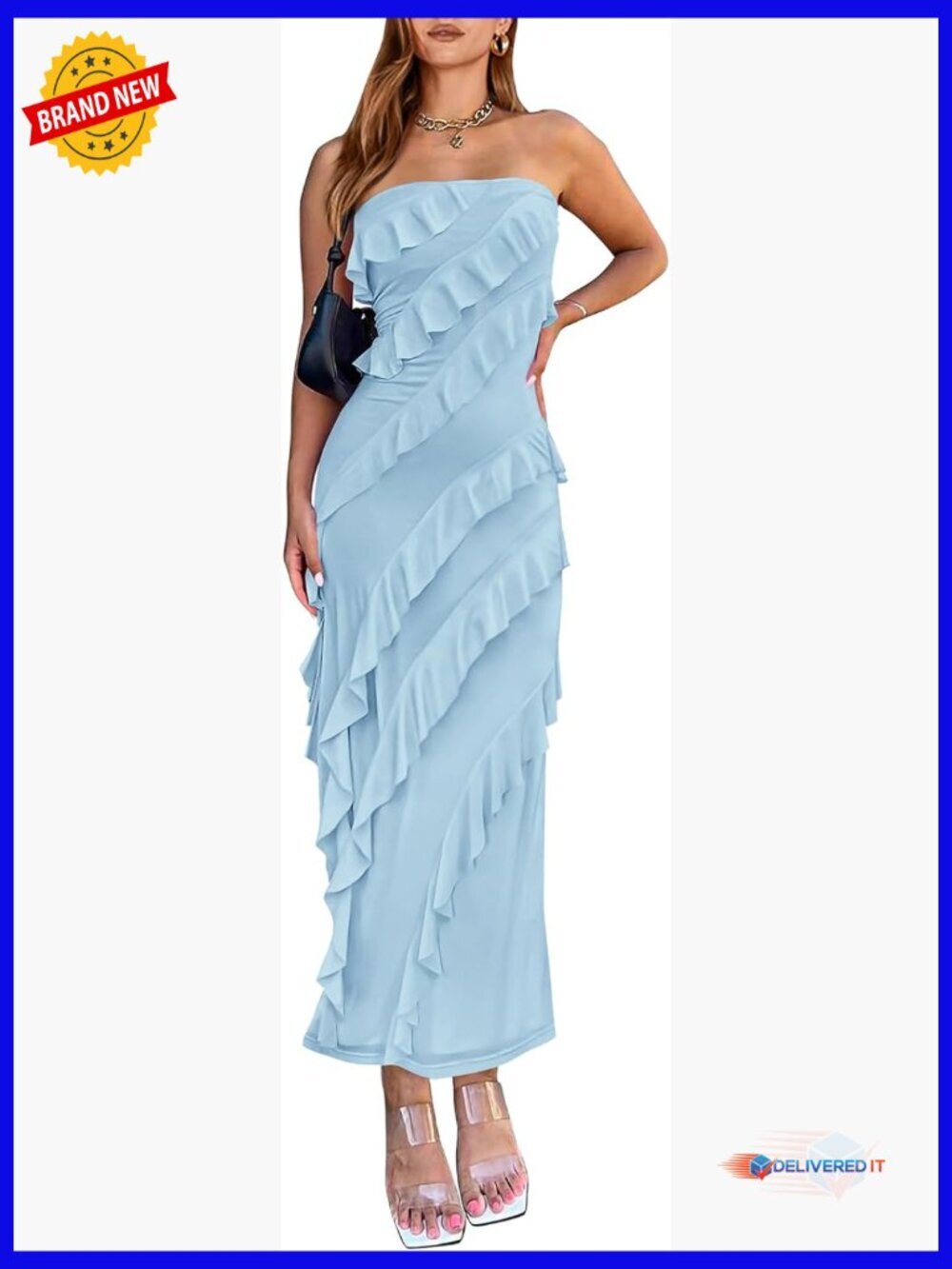 Strapless Midi Bodycon Dress Ruched Sleeveless Stretchy Mesh Cocktail
